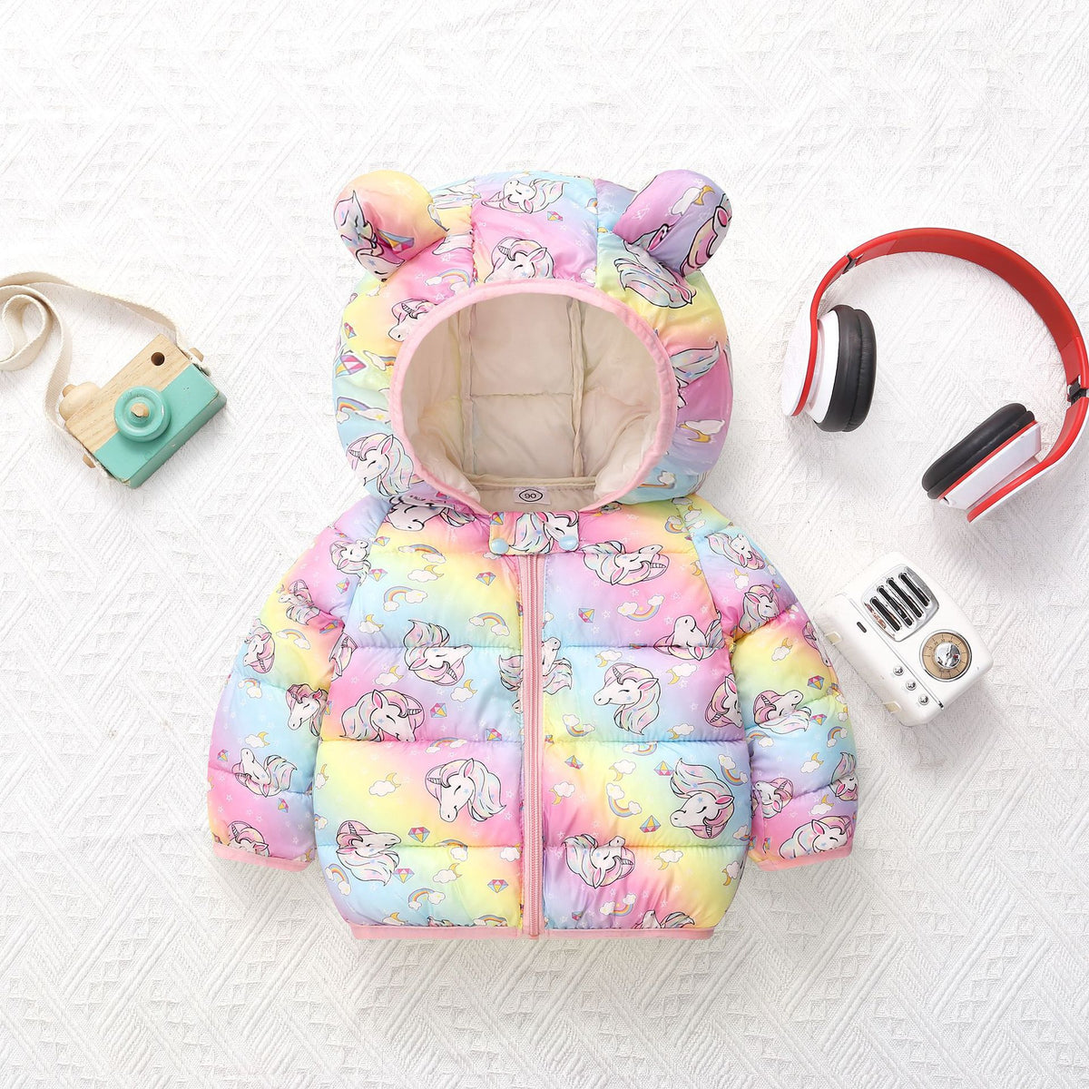 Babyhug Full Sleeves Puffed Hooded Jacket Rainbow Printed - Purple main image 1