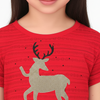 Red t-shirt with a deer design worn by a person on a white background