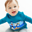 Baby wearing a blue hoodie with cartoon characters on a white background