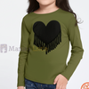 Green long-sleeve shirt with black heart design worn by a child on a white background