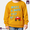 Yellow sweatshirt with 'Have a super day' text and red truck graphic on a white background