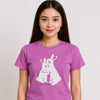 Person wearing a purple t-shirt with a cartoon rabbit design on a plain background