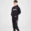 Person wearing a black hoodie and pants with 'Goodrich' branding on a white background
