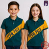 Two children wearing matching green and yellow polo shirts with 'Team Polo' text on a plain background.