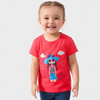 Child wearing a red t-shirt with a graphic design on a white background
