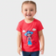Child wearing a red t-shirt with a graphic design on a white background