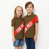 Two children wearing matching brown polo shirts with red 'Team Polo' stripes on a white background.