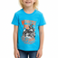 Child wearing a blue t-shirt with motorcycle graphic and text