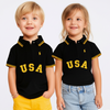 Two children wearing black polos with 'USA' text on a white background
