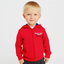 Child wearing a red hoodie with text on a white background