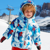 Child wearing a Spider-Man themed snow jacket in a snowy mountain setting