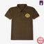 A brown polo shirt with a collar, featuring a logo on the left chest area.