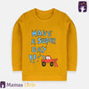 Yellow sweatshirt with 'Have a super day' text and red truck graphic on a white background