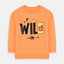 An orange sweatshirt with text 'WILD one' and a cartoon giraffe printed on the front.