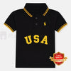 Two children wearing black polos with 'USA' text on a white background