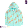 Baby wearing a light blue hoodie with animal patterns outdoors