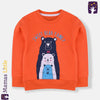 Two children wearing matching orange sweatshirts with bear graphics on a white background