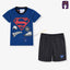 A two-piece toddler outfit with a blue shirt featuring Superman graphics and a pair of gray shorts with a similar Superman theme.
