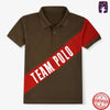 Two children wearing matching brown polo shirts with red 'Team Polo' stripes on a white background.