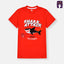 A red t-shirt with a graphic of a shark and the text 'SHARK ATTACK' along with the phrase 'Summer California'.