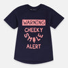 Child wearing a navy blue t-shirt with pink text on a white background