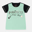 A green and navy colored t-shirt with text 'Purrfect! Little Me!' printed on the front.