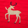 Red t-shirt with a deer design worn by a person on a white background