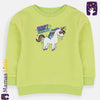 Child wearing a green sweatshirt with a unicorn design and text on a plain background