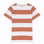 A striped children's t-shirt in teal, pink, and white colors.
