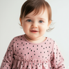 Child wearing a pink dress with black polka dots against a plain background